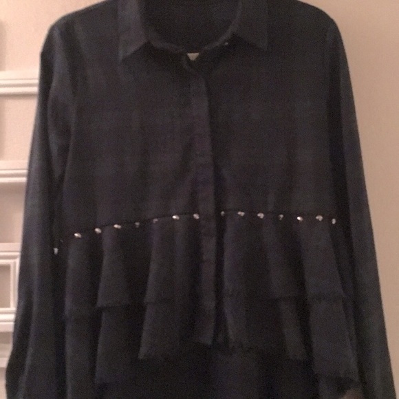 Do+Be Hi Lo Tails Ruffled Tiers Plaid Top Jacket Green Blue Studded Size Small - Picture 5 of 8